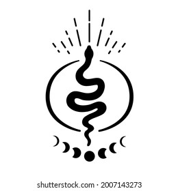 Snake is wrigging. Black white vector illustration in hand drawn style. The classic image of the snake with phases of moon and glow is isolated on white background.