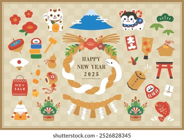 Conjunto de ilustrações do cartão de Ano Novo de Snake Year(tradução:saudação do Ano Novo Japonês,Primeira Venda,Fortuna,Big hit,um deslizamento de adivinhação,Dinheiro de Ano Novo)