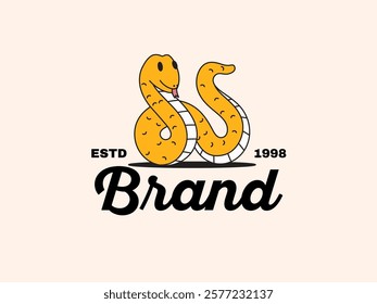 Snake yellow cartoon retro vintage mascot illustration character logo hand drawn for  pet shops, reptile zoos