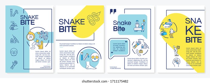 Snakebite, reptile poison intoxication first aid brochure template. Flyer, booklet, leaflet print, cover design with linear icons. Vector layouts for magazines, annual reports, advertising posters