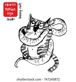 Snake.Funny cats as chinese zodiac signs. Hand drawn vector set 