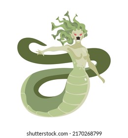 Snake-haired monstrous creature semi flat color vector character. Greek myth. Full body personage on white. Evil monster. Simple cartoon style illustration for web graphic design and animation