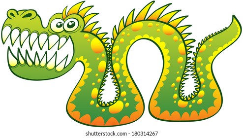 Snake-like monster with pointy spines and sharp teeth while staring at you, moving by crawling in a waving mode and showing a suspicious mood
