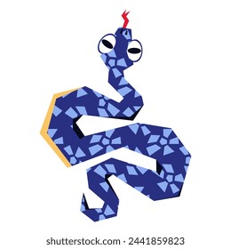 Snakes 2025 is blue and geometric crawling top view in texture. The isolated sinuous snake is large. Flat style modern vector illustration. The animal of 2025 with big eyes on a white background