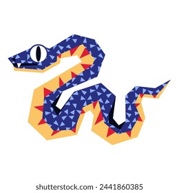 Snakes 2025 is blue and geometric crawling sideways into the texture. The isolated sinuous snake is large. Flat style modern vector illustration. The animal of 2025 with big eyes on a white background