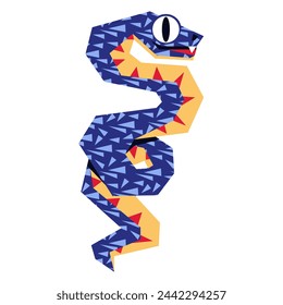 Snakes 2025 is blue and geometric writhing in texture. The isolated sinuous snake is large. Flat style modern vector illustration. The animal of 2025 with big eyes on a white background