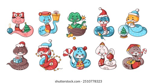 Snakes with accessories as new year mascot flat color vector illustration set. Oriental horoscope Kawaii reptile animals icons collection on white background
