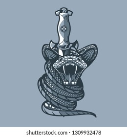 Snakes around a military dirk. Symbol of the troops. Monochrome tattoo style.