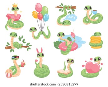 Serpientes personajes de bebé. Dibujos animados divertidos gateando serpiente cómic zoológico niño mascota, reptil feliz corazón princesa o serpiente venenosa animales de la selva tropical mascota swanky Ilustración vectorial obra de arte original