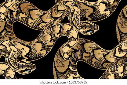 Snakes  Beast seamless pattern  Gold foil print black background  Vector illustration  Hand realistic drawing reptile  Vintage engraving 