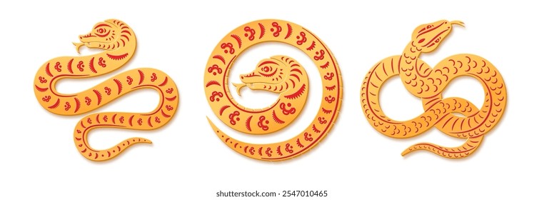 Snakes Chines CNY zodiac signs, greeting card design elements. Snakes chinese, japanese horoscope symbols, Happy new 2025 year of the Snake, paper cut art and craft style vector illustration