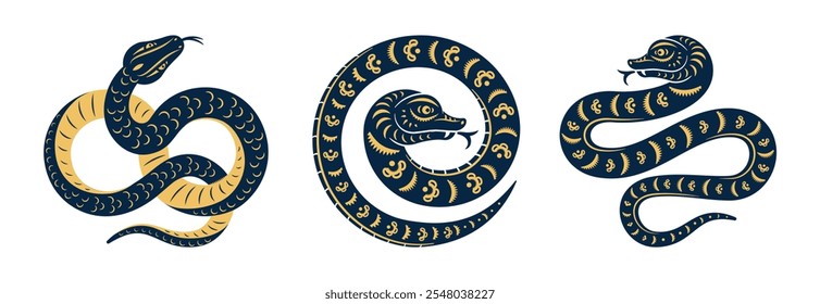 Snakes chinese, japanese and korean horoscope symbols, Happy new year 2025 Zodiac sign, year of the Snake, paper cut art and craft style on white background. Festive asian animals, spring festival