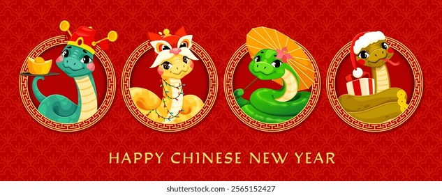 Snakes collage on Chinese Lunar New Year banner with asian calendar zodiac animal characters. Cartoon funny snake vector personages with New Year holiday dragon mask, emperor hat, umbrella and gift