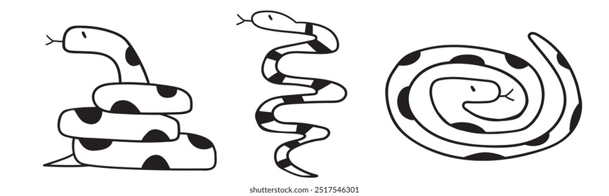 Snakes. Collection of outline icons. Black color. Hand drawn graphic design. Illustrations on white background.