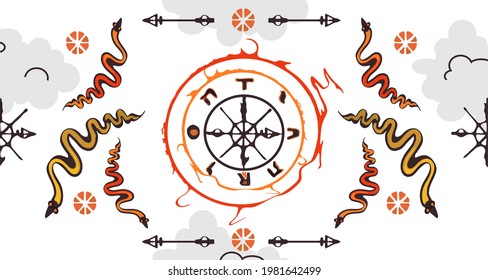Snakes and a compass. Esoteric symbols on the theme of the Tarot cards, Wheel of Fortune. Destiny. Isolated over white background.