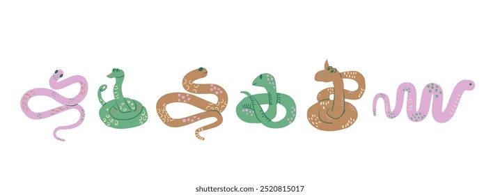 Cobras. Conjunto de répteis rastejantes. Ilustração de coleção plana desenhada à mão do vetor isolada no fundo branco.