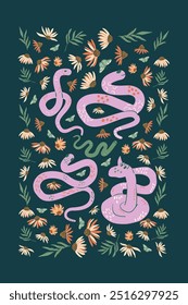 Cobras e pôster de margaridas. Fundo de flores e animais répteis. Cartão escuro. Ilustração plana desenhada à mão vetorial