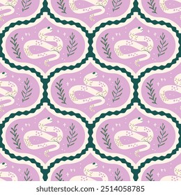 Snakes damask seamless pattern. Reptiles repeat background. Animal surface pattern design. Vector hand drawn illustration.