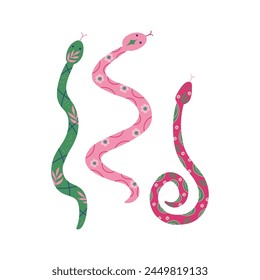 Snakes decorative vector cartoon set with Cobras, isolated white background. Abstract cute animals with flowers, nature texture.  Illustration new 2025 symbol character for card, poster, design, print