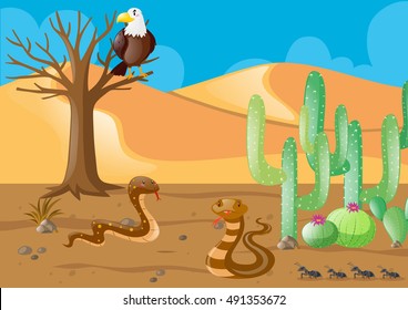 Snakes and eagle in the desert illustration