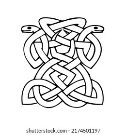 Snakes entwined, decoration, ornament, decorative graphic, vector, illustration in black and white color, isolated on white background