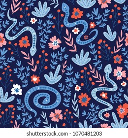 Snakes and flowers. Cute childish fabric design. Vector seamless pattern in hand drawn style. Ethnic repeated background.