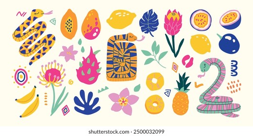  Snakes flowers and fruits hand drawn cute simple jungle illustration collection Modern simple clip art set for children books stationery banners and social media