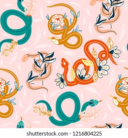 Snakes and flowers. Hand drawn colored vector seamless pattern. Pink background