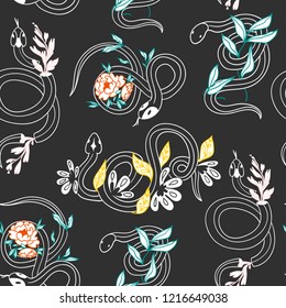 Snakes and flowers. Hand drawn vector seamless pattern. Black background