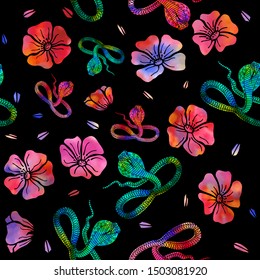 snakes and flowers seamless pattern. eps10 vector illustration. hand drawing