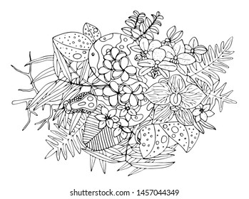 Snakes and flowers. Tattoo art, coloring books. Hand drawn vintage vector illustration Isolated on white background
