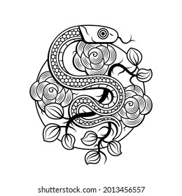 Snakes and flowers. Tattoo art, coloring books. Hand drawn vintage vector illustration Isolated on white background.