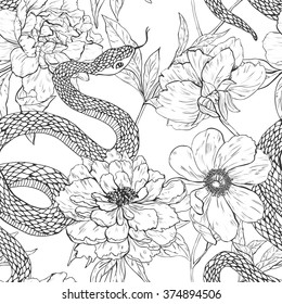 Snakes and flowers. Tattoo art, coloring books. Hand drawn vintage vector seamless pattern.