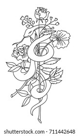 Snakes and flowers. Tattoo design. Hand drawn snake vector illustration Isolated on white background.Traditional Japanese culture for printing on background.Snake with Sunrise for coloring book