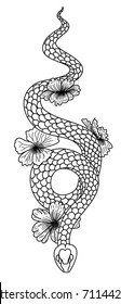 Snakes and flowers. Tattoo design. Hand drawn snake vector illustration Isolated on white background.Traditional Japanese culture for printing on background.Snake with Sunrise for coloring book