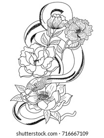 Snakes and flowers. Tattoo design. Hand drawn snake vector illustration Isolated on white background.Traditional Japanese culture for printing on background.Snake with Sunrise for coloring book
