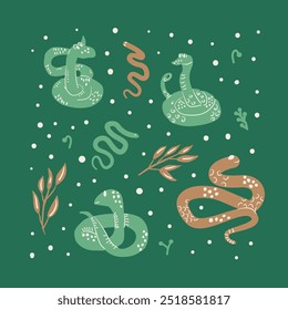 Afiche verde de serpientes. Fondo animal reptil. Tarjeta de felicitación. Vector dibujado a mano ilustración plana