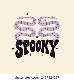 Snakes and groovy word spooky. Vector flat illustration. Halloween retro poster