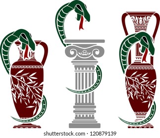 snakes with jugs. stencil. vector illustration