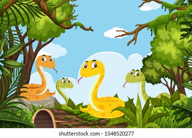 Snakes in jungle scene illustration