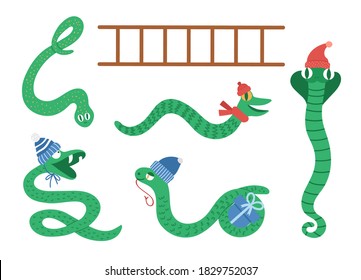 Snakes and ladder clipart. Funny Christmas animals in hats and scarfs for educational board game. Cute winter serpent illustration isolated on white background