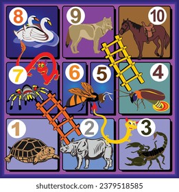 Snakes and Ladders 10 step board game for children with an animal theme. editable and ready to print.