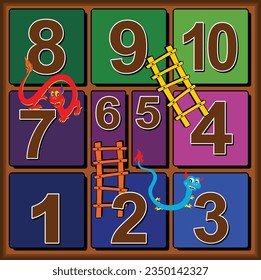Snakes and ladders 10 steps board game for kids on purple and green background. Ready to print.