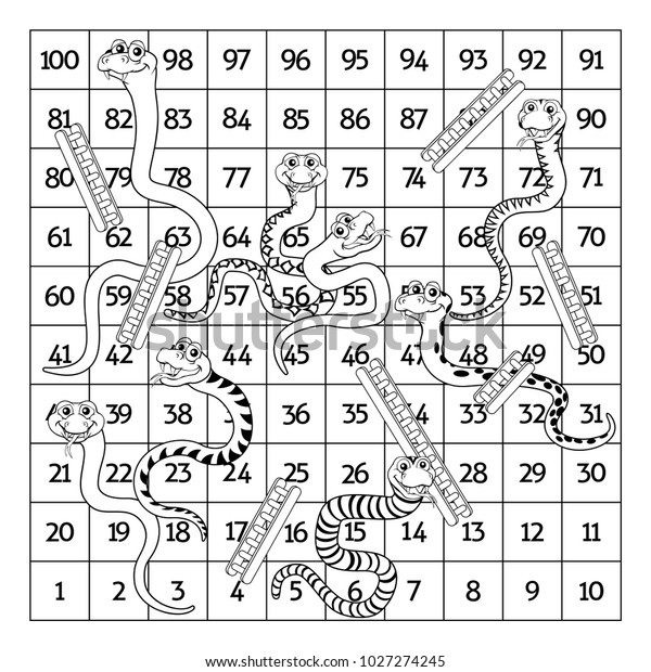 Snakes and ladders black and white board\
game coloring page cartoon\
illustration
