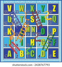 Snakes and ladders board game 26 steps with alphabet letters blue batik background. Ready to print.