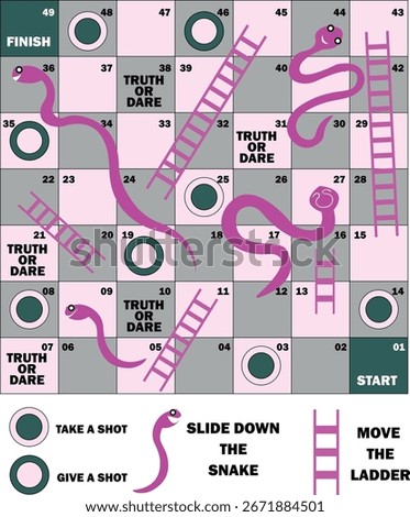 Snakes and Ladders Board Game, 50 Step snakes, ladders, start, finish 