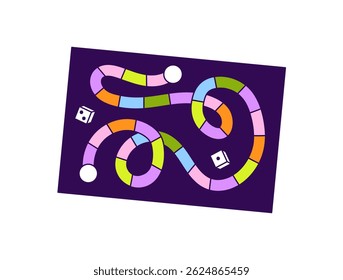 Snakes and ladders board game. Map of boardgame with dices to play. Maze with pieces of path to step. Childish entertainment, kids amusement. Flat isolated vector illustration on white background