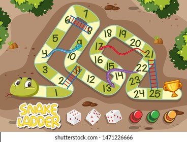 Snakes And Ladders Game With Green Snake Illustration