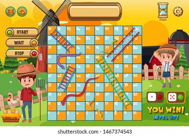 Snakes and ladders game template with farmer and windmill illustration