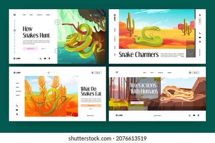 Snakes life in the wild cartoon landing pages. in forest and green tree python, Ahaetulla prasinus and Trimeresurus Salazar in their natural habitat, reptile lifestyle, Cartoon vector web banners set